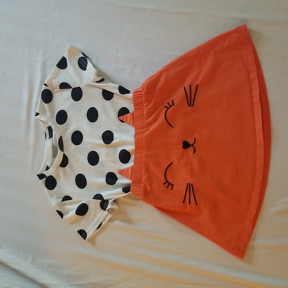 Polka Dot Tee Top and Cat Embroidered Skirt Outfit 2 Piece Set